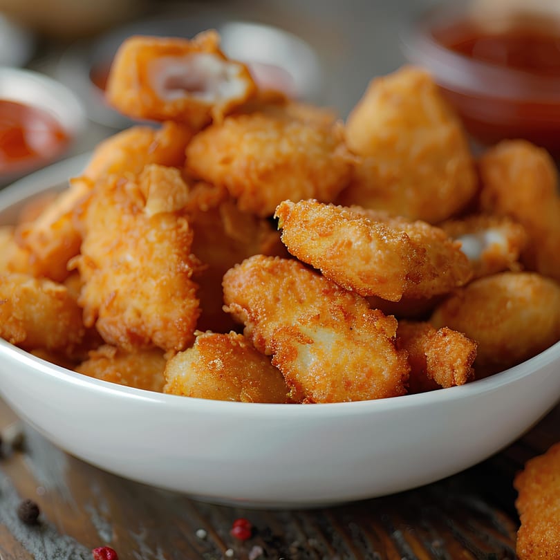 A white bowl filled with golden-brown fried chicken nuggets, with sauces blurred in the background.