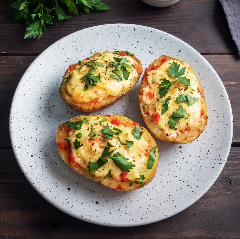 Three Maitais soul-food baked potatoes, topped with melted cheese, red peppers, and fresh parsley.