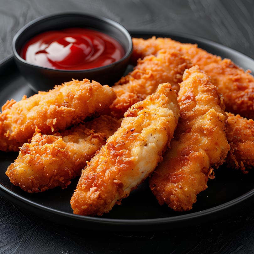 Crispy fried chicken tenders from Maitais, served with a side of ketchup on a black plate.